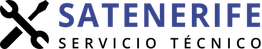 Logotipo con texto "SATENERIFE" en letras azules y un motivo de línea negra a la izquierda.