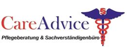 Logo von "CareAdvice" mit Caduceus-Symbol, dazu Text: Pflegeberatung & Sachverständigenbüro.