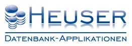 Logo mit blauem Text: "Heuser Datenbank-Applikationen", links gestapelte Datenbank-Icons.