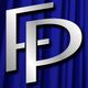 Silver "FP" logo on a blue curtain background.