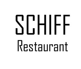 Schriftzug "SCHIFF Restaurant" auf weißem Hintergrund in schwarzer, klarer Schriftart.