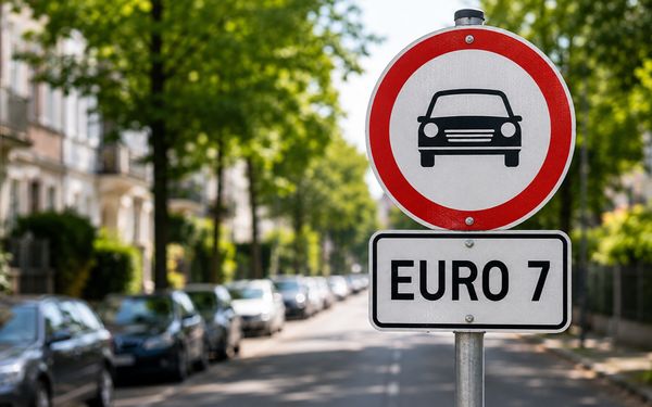 Euro-7-Verkehrsschild mit Auto-Symbol in einer grünen Wohnstraße als Symbol für Abgasnorm, emissionsarme Fahrzeuge und Umweltzonen
