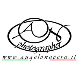 Logo con scritta "AN photographer" e sito "www.angelonucera.it" con bande tricolore.