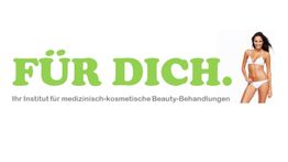 Text "FÜR DICH." in Grün, daneben eine Frau in weißem Bikini, darunter ein Beauty-Institutstext.