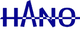 Blaues "HANO"-Logo mit vertikal und horizontal gespiegelten Buchstaben, die sich überkreuzen.