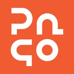 Logotipo laranja com formas brancas abstratas em um fundo laranja brilhante.