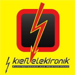 Gelbes Logo mit Blitzsymbol und Schrift: „Kiefl Elektronik“ und „Elektrotechnik aus Meisterhand“.