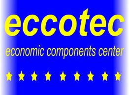 Blauer Hintergrund mit gelbem Text "eccotec" und "economic components center", umgeben von Sternen.