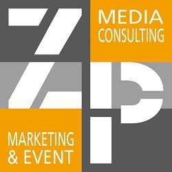 Logo mit den Buchstaben "ZIP" und Text: "Media Consulting", "Marketing & Event" in Orange/Grau.