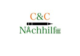 Logo mit der Aufschrift "C&C Nachhilf" mit einem Stift, Zirkel und Büchern in orange und grün.