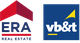 Logo met tekst: "vb&t", blauwe en rode kleuren met gele accenten.