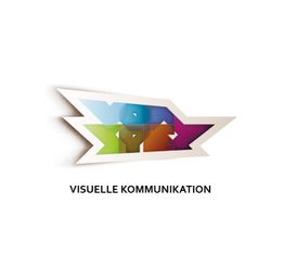 Abstraktes geometrisches Design mit bunten Formen und Text "VISUELLE KOMMUNIKATION".