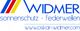 Logo von Widmer Sonnenschutz und Federwellen mit bunter Grafik und Website-Link.