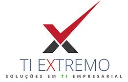 Logotipo com "TI Extremo" e frase "Soluções em TI Empresarial", letras e símbolo em vermelho e preto.