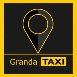 Mappa del logo Granda Taxi: punto di localizzazione giallo su sfondo nero. Scritta "Granda Taxi".