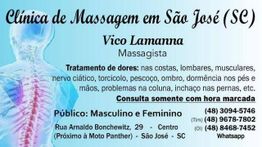 Cartão de uma clínica de massagem em São José (SC), oferecendo tratamentos para dores.