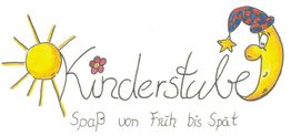 Illustration mit Sonne, Blumen und Mond. Text: "Kinderstube. Spaß von Früh bis Spät".