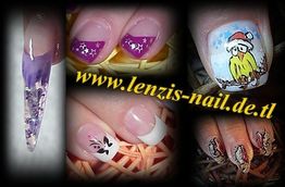 Verschiedene Nageldesigns mit Mustern und Figuren auf einer Webseite vorgestellt.