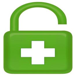 Green unlocked padlock with a white medical cross on it.