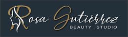 Logo de "Rosa Gutiérrez Beauty Studio" con fondo oscuro y silueta de rostro.