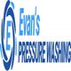 Blue logo for Evan's Pressure Washing with an "E" and circular design elements.