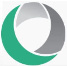 Green and gray circular abstract logo with overlapping crescent shapes.