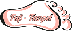 Logo in Form eines Fußes mit der Aufschrift "Fuß-Tempel" in Rosa und Schwarz.