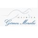Logo de Clínica Gómez Morales, con líneas curvas y texto en azul.