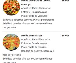 Menú con paella de verduras y mariscos, incluye aperitivo, entrada, postre y bebida. Precios: 16€ y 18€.