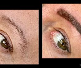 Voordat en na microblading van wenkbrauwen, met verbeterde vorm en dikte, close-up weergave.