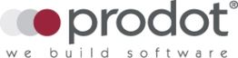 Logo mit Schriftzug "prodot" und Slogan "we build software", links graue und rote Kreise.