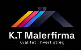 Logo for K.T Malerfirma med regnbuefarvet penselstrøg og sloganet "Kvalitet i hvert strøg".