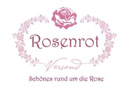Rose und Blätterranken umrahmen den Text: "Rosenrot - Schönes rund um die Rose".