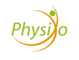 Logo mit grünem Schriftzug "Physio" und orangefarbener, stilisierter Figur in Bewegung.