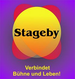 Buntes Logo mit "Stageby" auf gelbem Kreis, darunter Text: "Verbindet Bühne und Leben!"