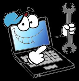 Fröhlicher Laptop mit Lächeln hält einen Schraubenschlüssel und zeigt auf die Tastatur.