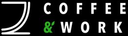 Logo "Coffee & Work" avec une tasse stylisée, "&" vert. Fond noir.