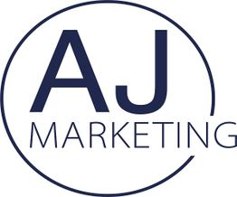 AJ-Marketing-Logo mit blauem Text in einem Kreis.