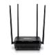 Black wireless router with four antennas, front LEDs, and a sleek design.