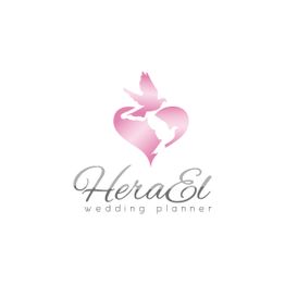 Due colombe su cuore rosa con testo "HeraEl wedding planner" in stile elegante.