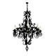 Elegant black chandelier with intricate design and candle-like bulbs.