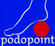 Logo mit Fuß und rotem Punkt auf blauem Hintergrund, darunter der Text "podopoint".