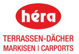 Rotes "héra"-Logo mit Text: "TERRASSEN-DÄCHER, MARKISEN, CARPORTS" in roter Schrift.