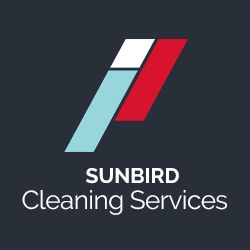 Logo of Sunbird Cleaning Services with a stylized geometric design in white, red, and blue.