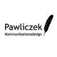 Logo mit Schriftzug "Pawliczek Kommunikationsdesign" und Federgrafik.