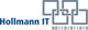 Blaues "Hollmann IT" Logo mit verschlungenen Quadraten und Binärcode darunter.