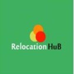 Logo with overlapping circles above "Relocation HuB" on a green background.