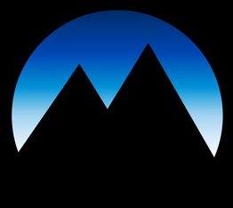 Logo met stijlvolle silhouet van bergen onder een blauwe halve cirkel.