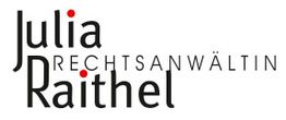 Logo mit Text: "Julia Raithel, Rechtsanwältin" in Schwarz und Rot.