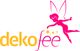 Logo mit Schriftzug "dekofee", einer pinken Fee und gelben Sternen.